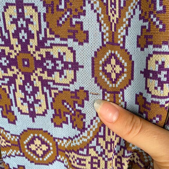 Vtg 70s Baby Blue Brown Damask Print Straight Leg Pull On Pants SZ 12 - Picture 7 of 7